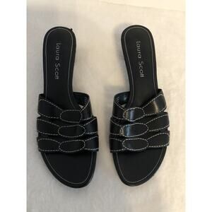 Laura Scott Womens 6.5 M Black Open Toe Backless Heels Shoes‎ 1.5” Heel FLAWED
